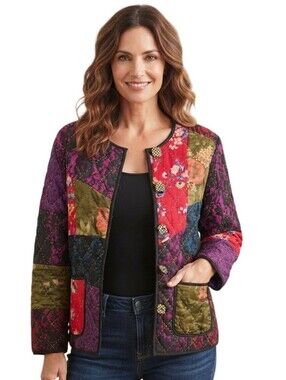 Indigo Moon Vintage Mixed Media Patchwork Jacket Pockets Art To Wear Size M